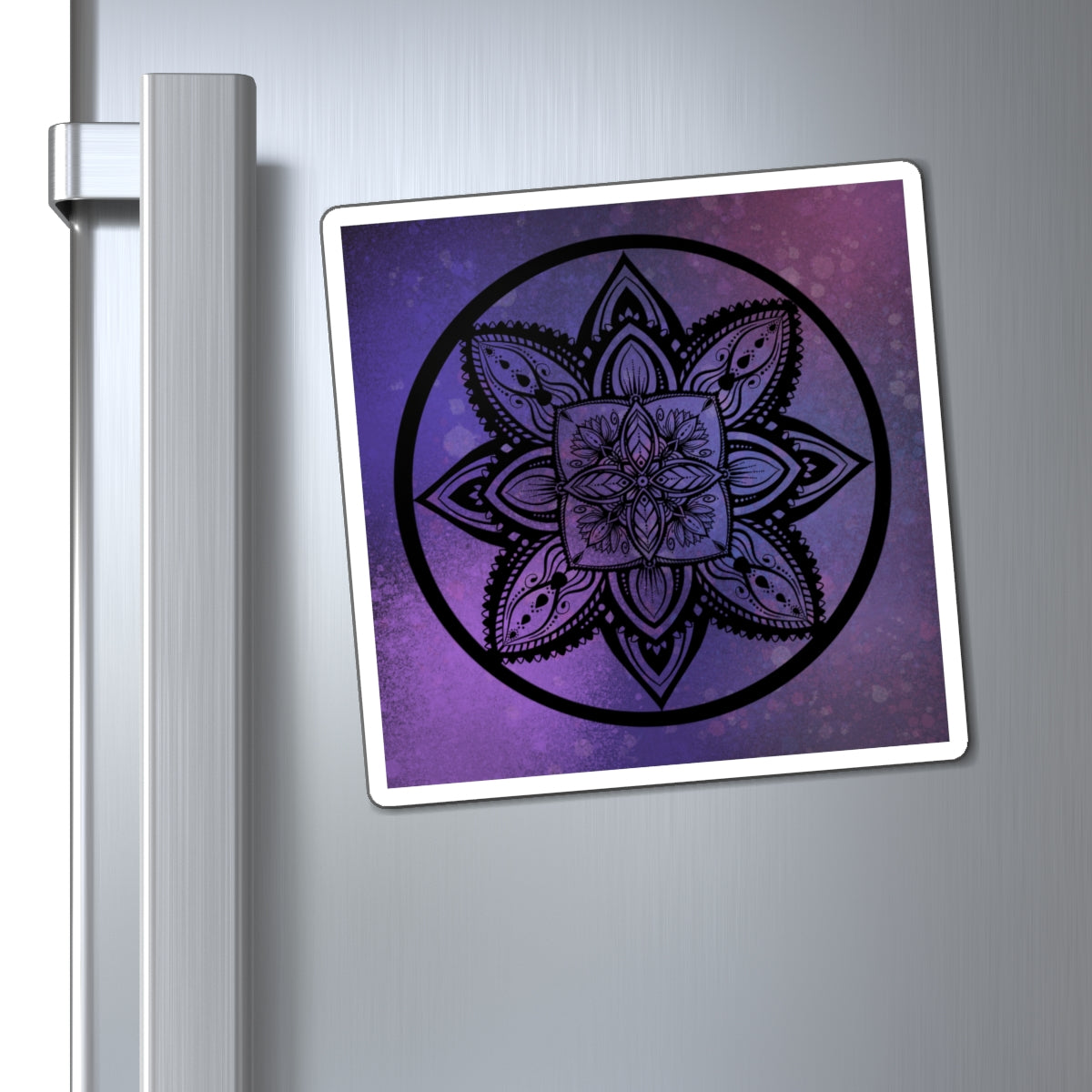Decorative mandala magnet on a refrigerator door