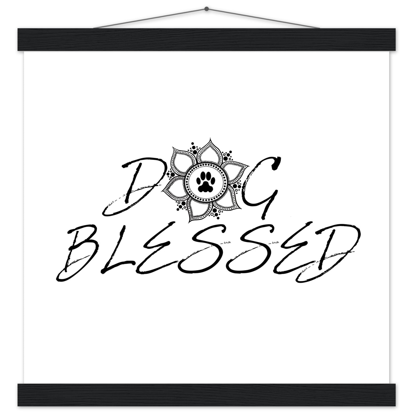 “Black and white ‘Dog Blessed’ typography design with a paw print centered inside a decorative mandala, displayed as a hanging wall sign with a black frame