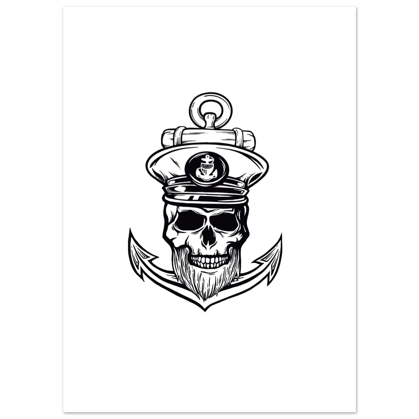 Black and white illustration of a skull with a captain's hat and beard, holding an anchor on a white background.