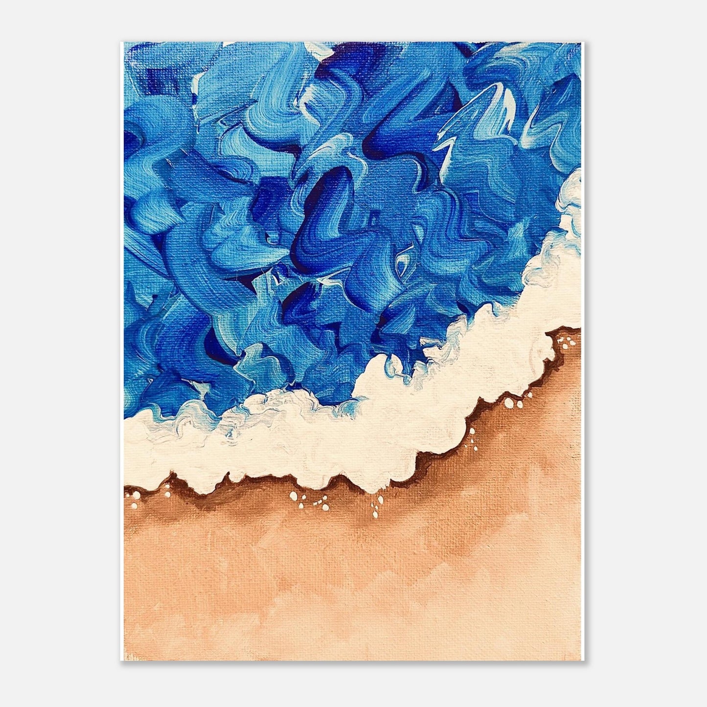 Artistic depiction of a wave with blue water and white foam on a beige sand background