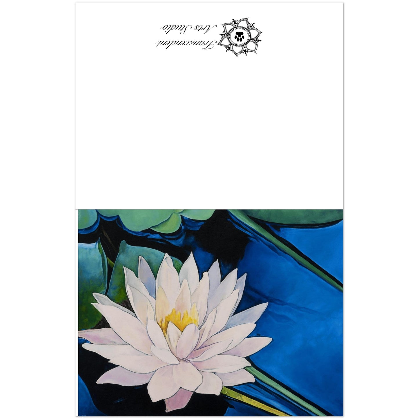 Note card with a oil painting design of a white water lily on a blue background