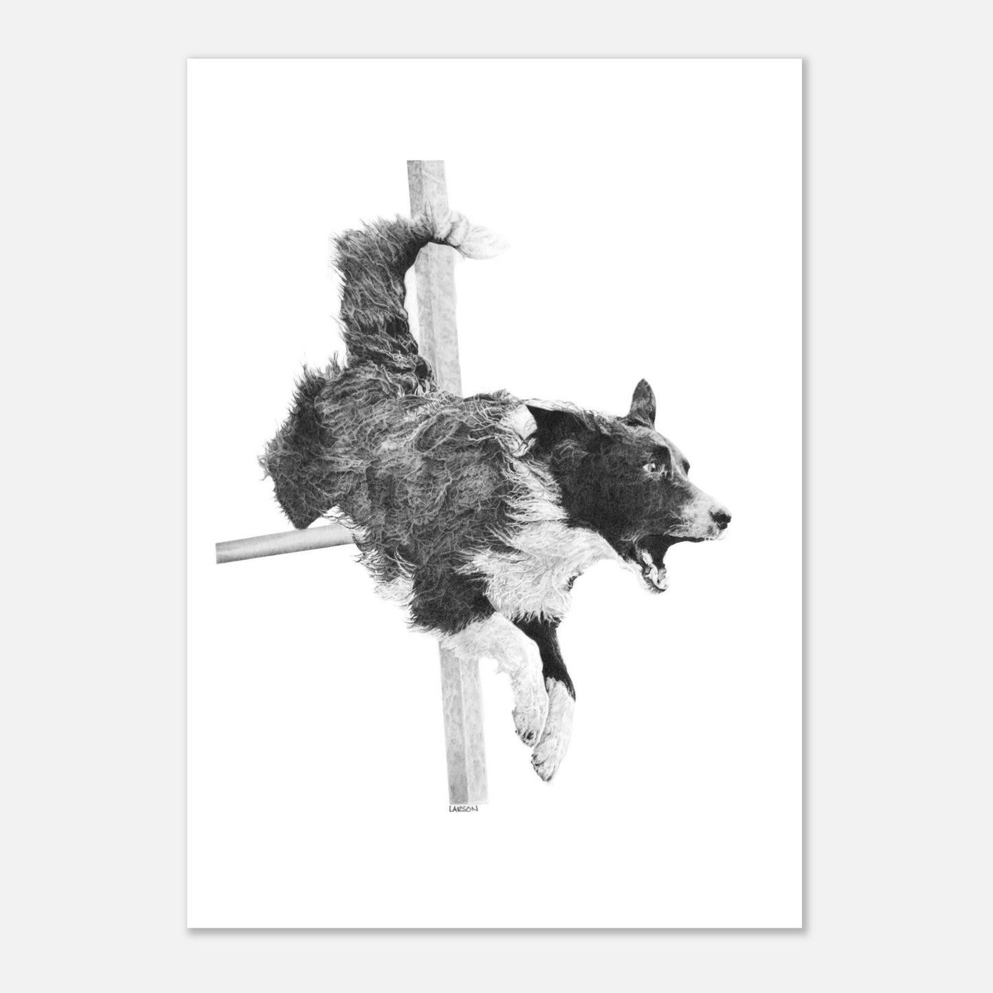 Black and white illustration of a dog jumping over an obstacle against a white background