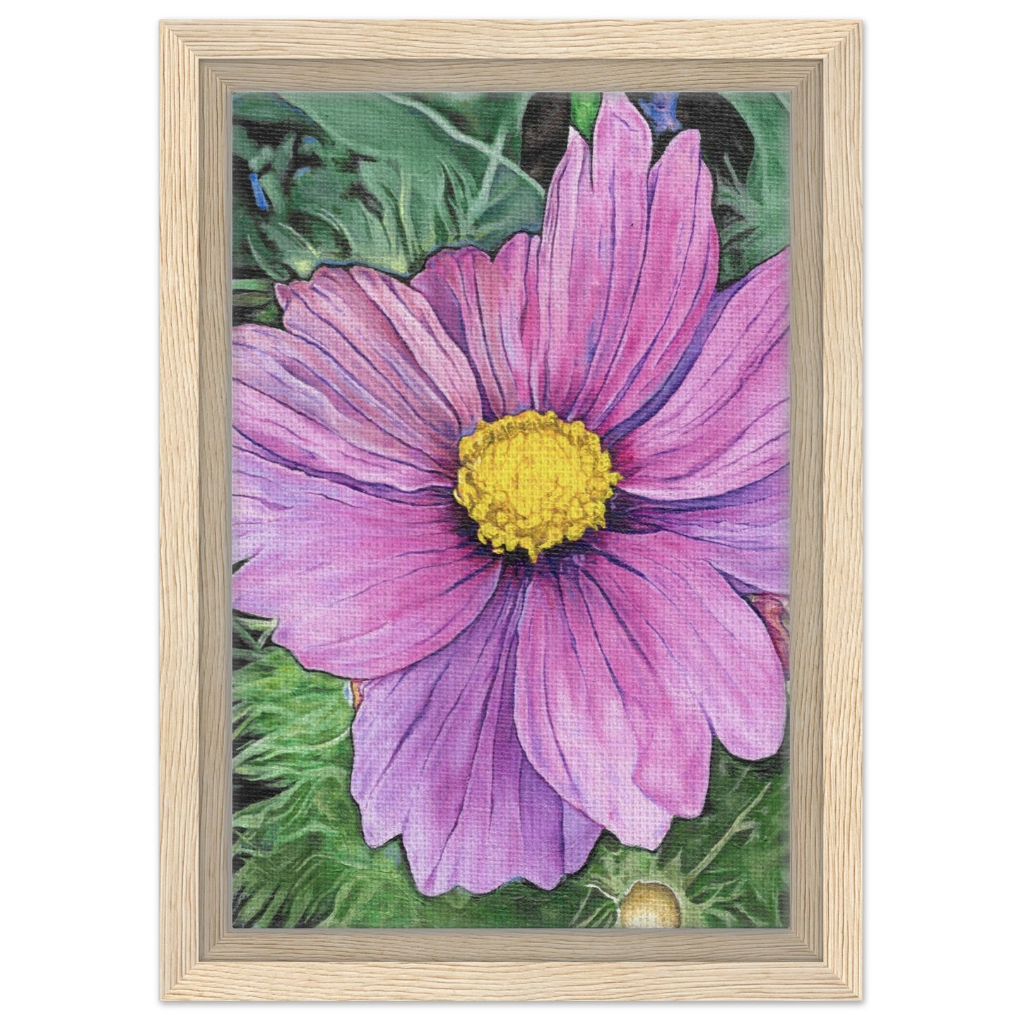 Framed artwork of a pink flower with a yellow center on a white background