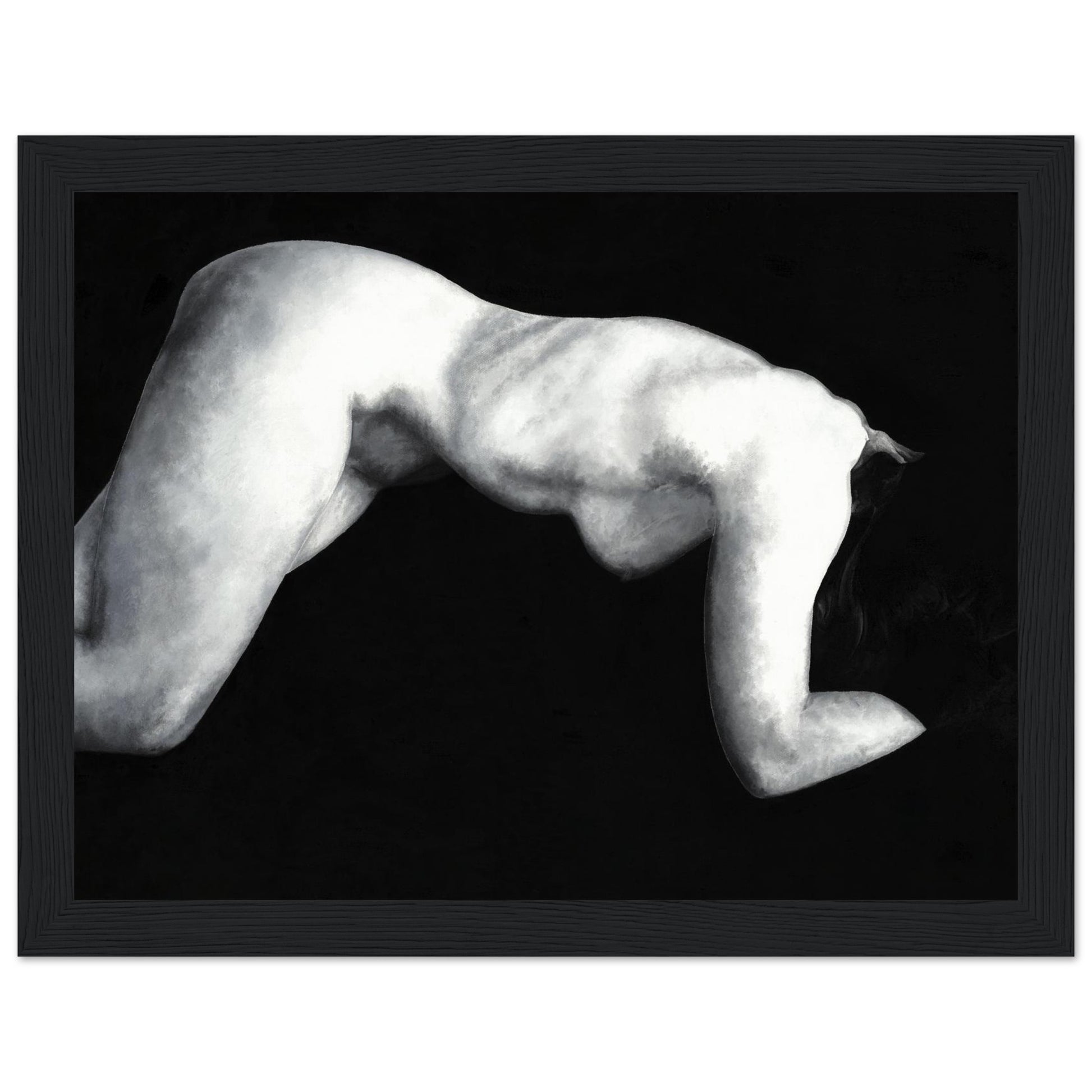 A black and white artwork of a reclining nude female figure framed with a black wooden frame. 
