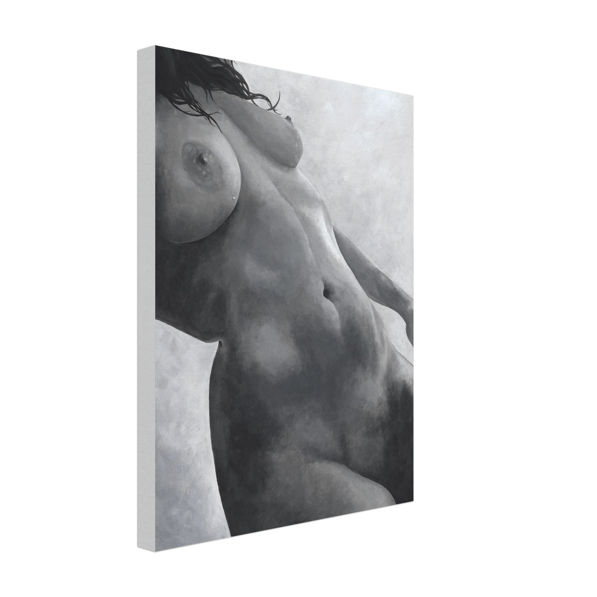Black and white painting of a nude figure on a textured canvas.