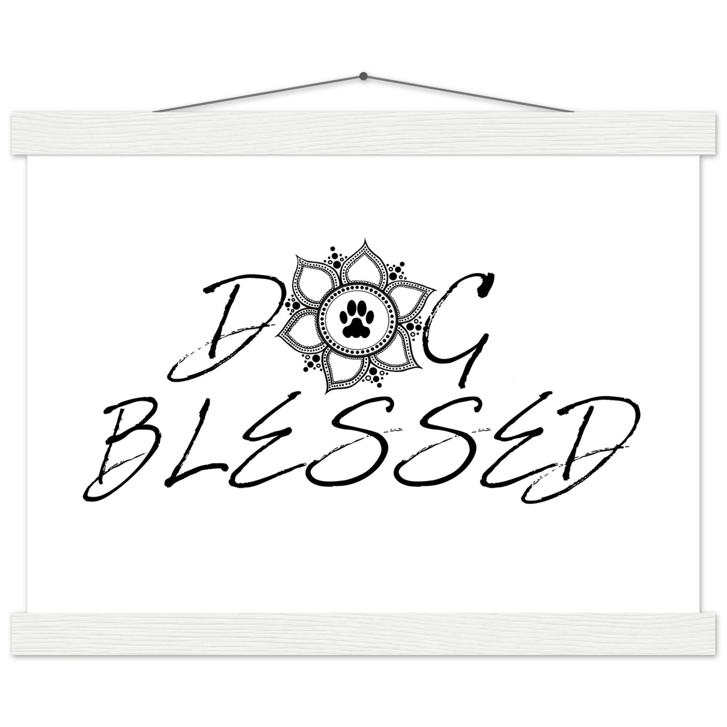 “Black and white ‘Dog Blessed’ typography design with a paw print centered inside a decorative mandala, displayed as a hanging wall sign with a white frame