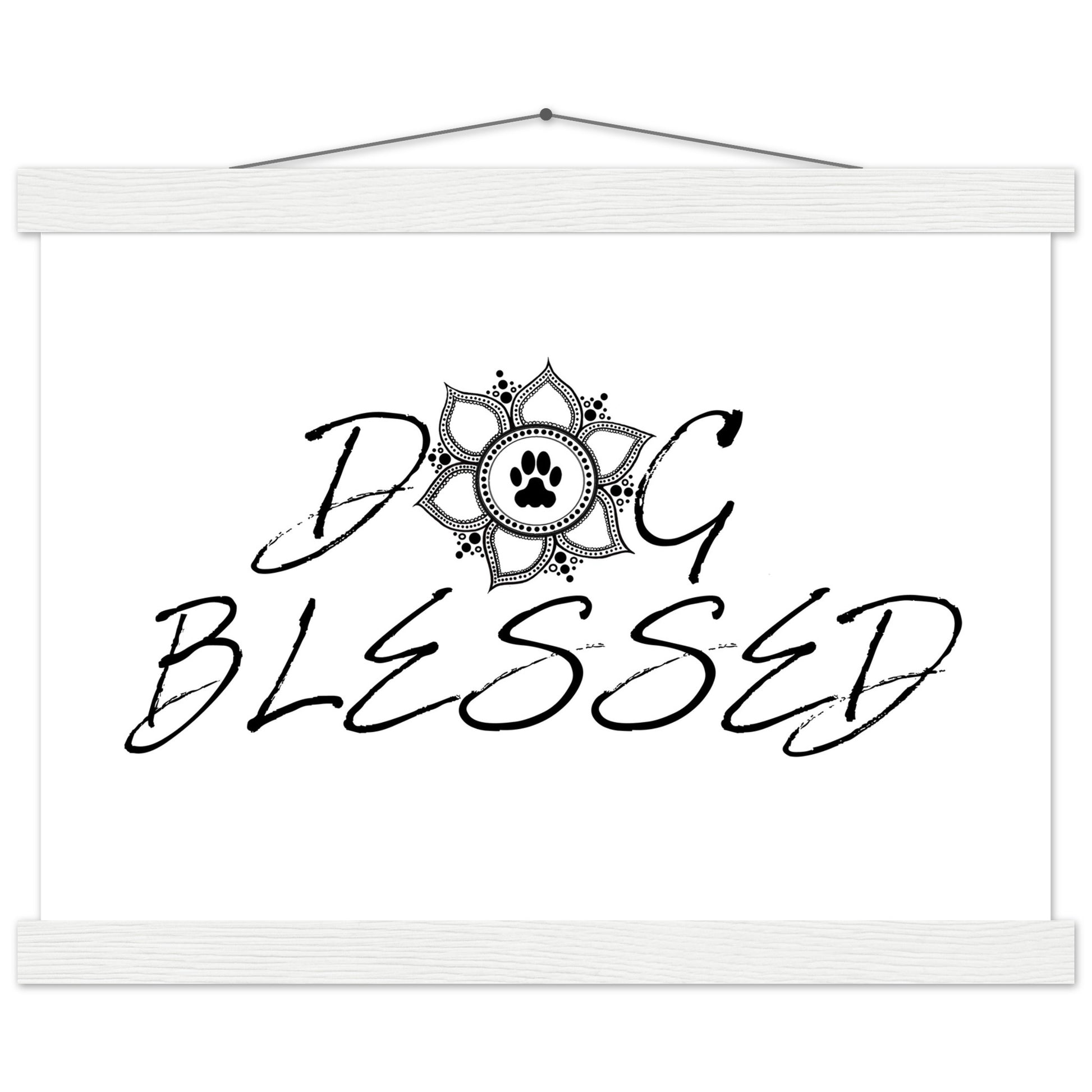 “Black and white ‘Dog Blessed’ typography design with a paw print centered inside a decorative mandala, displayed as a hanging wall sign with a white frame