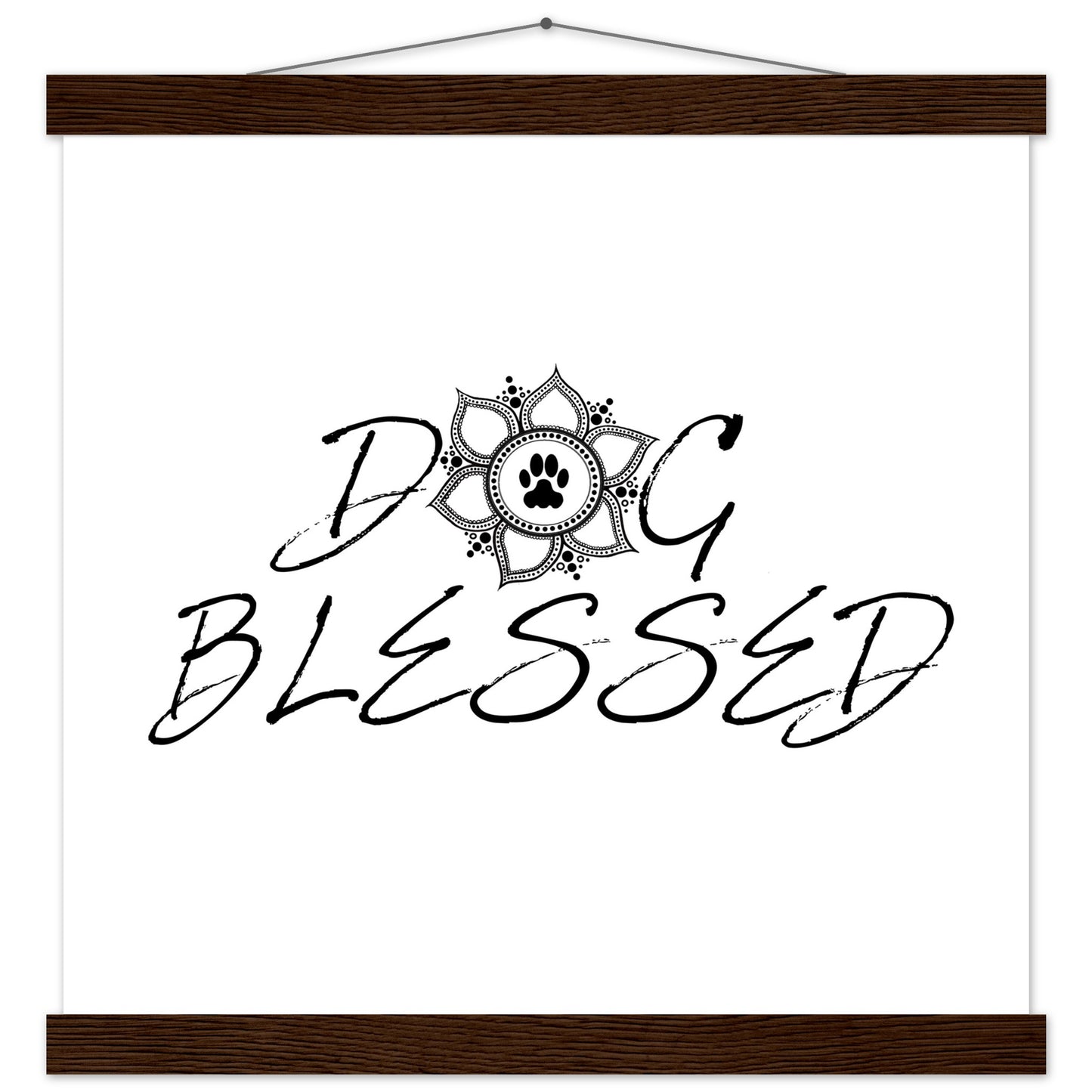 “Black and white ‘Dog Blessed’ typography design with a paw print centered inside a decorative mandala, displayed as a hanging wall sign with a brown frame