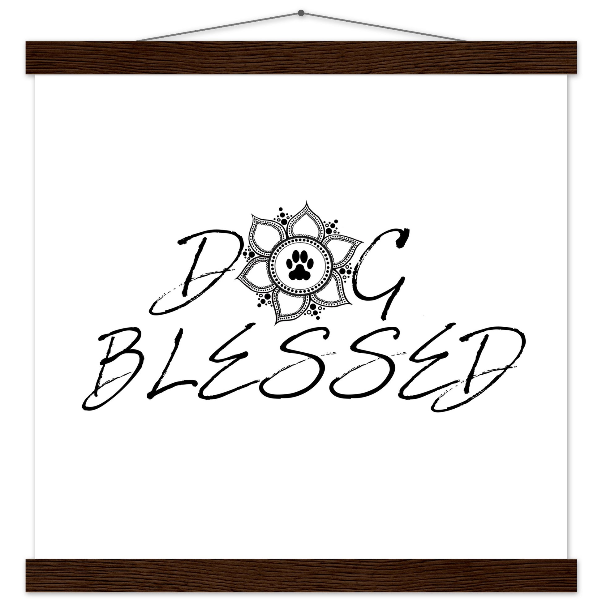 “Black and white ‘Dog Blessed’ typography design with a paw print centered inside a decorative mandala, displayed as a hanging wall sign with a brown frame