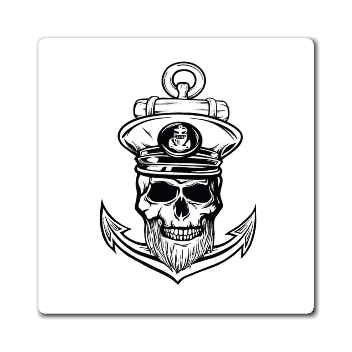 Black and white illustration of a skull with a captain's hat and beard, holding an anchor on a white background.