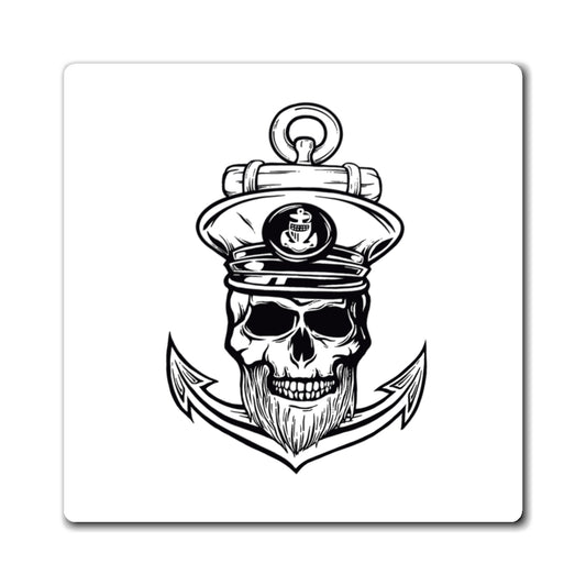 Black and white illustration of a skull with a captain's hat and beard, holding an anchor on a white background.