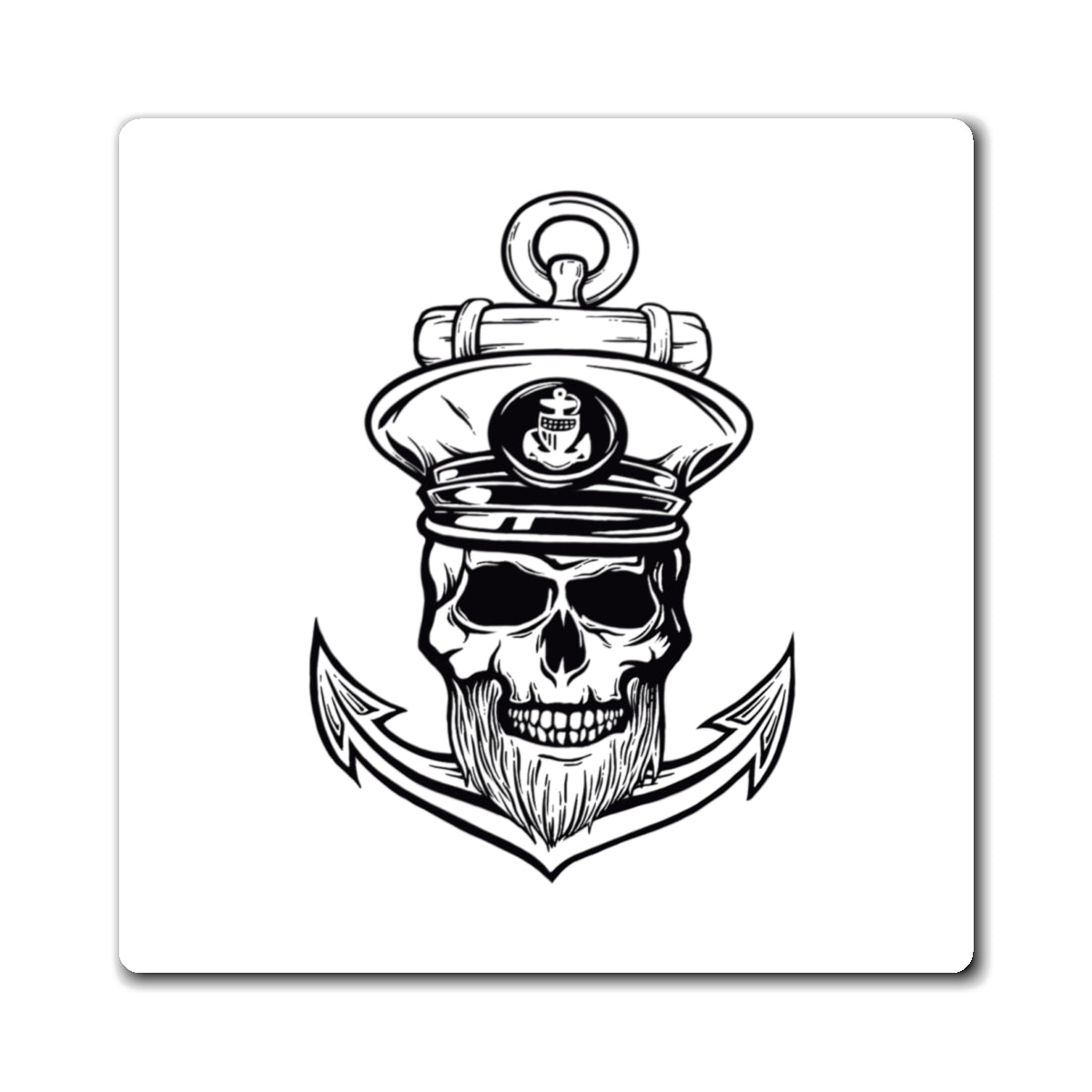 Black and white illustration of a skull with a captain's hat and beard, holding an anchor on a white background.