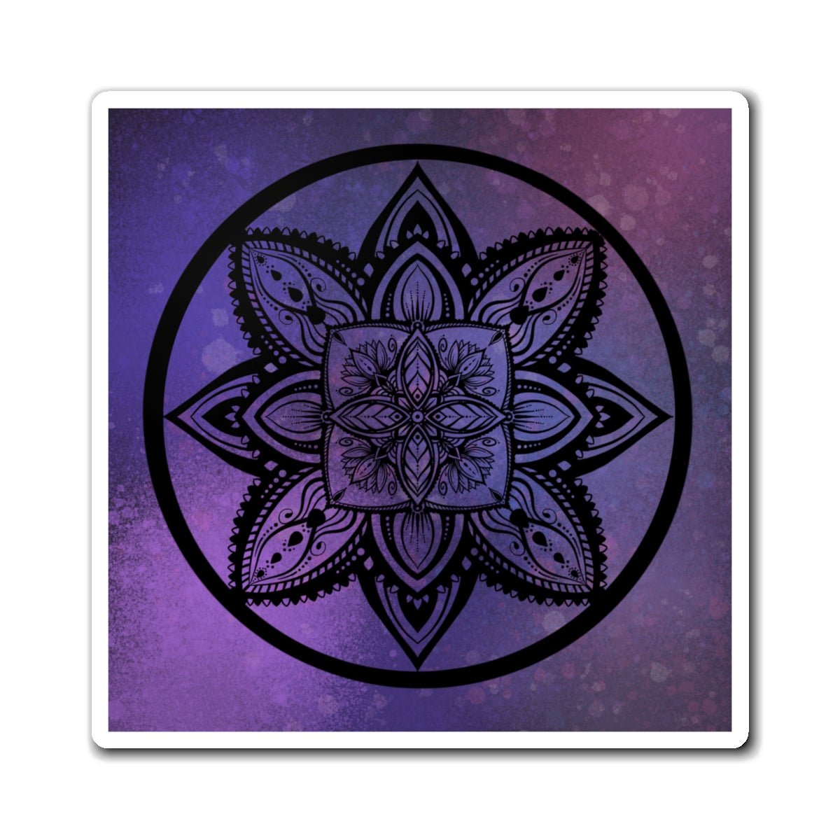 Black mandala design on a purple gradient background