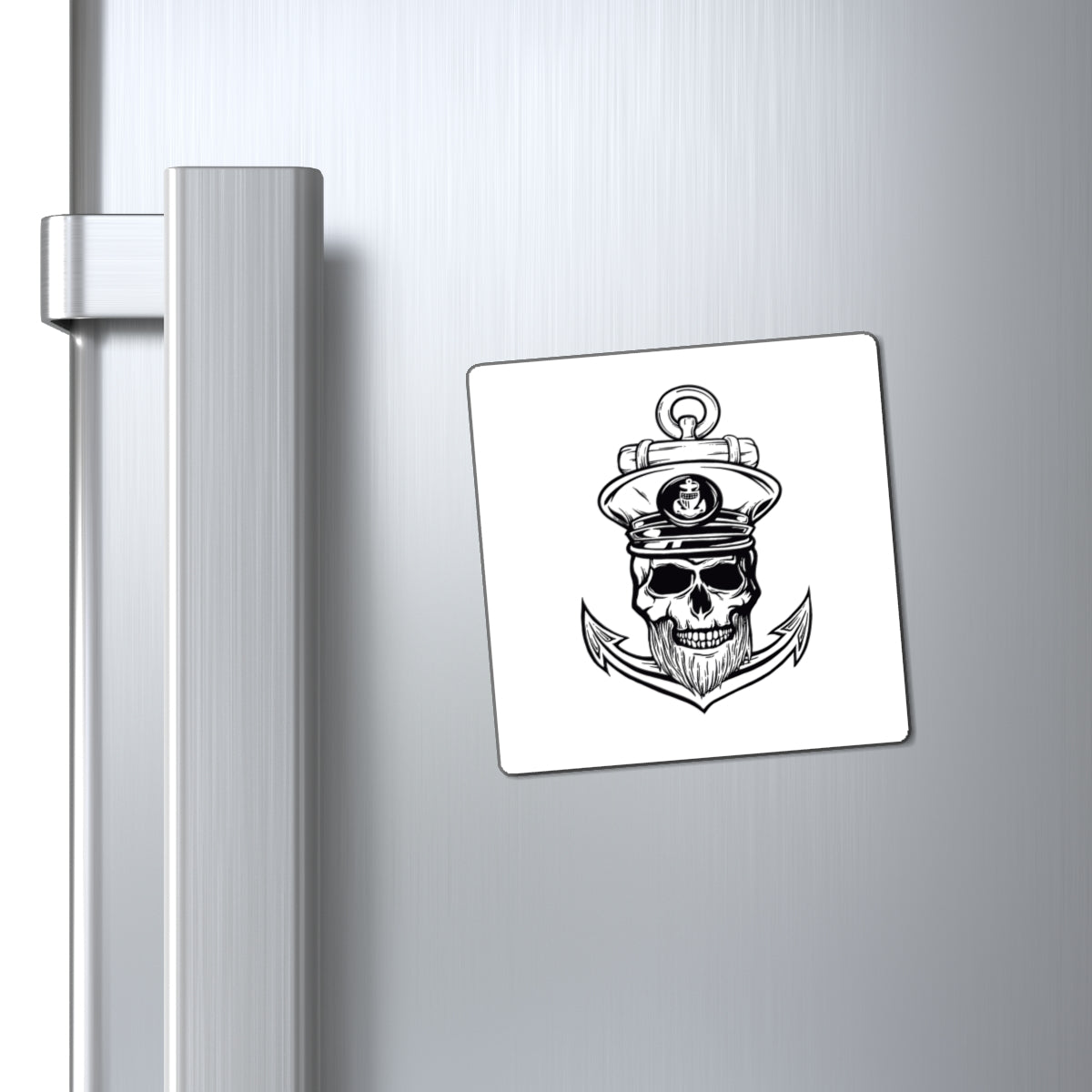Fridge magnet with skull and captain's hat design on a metallic surface