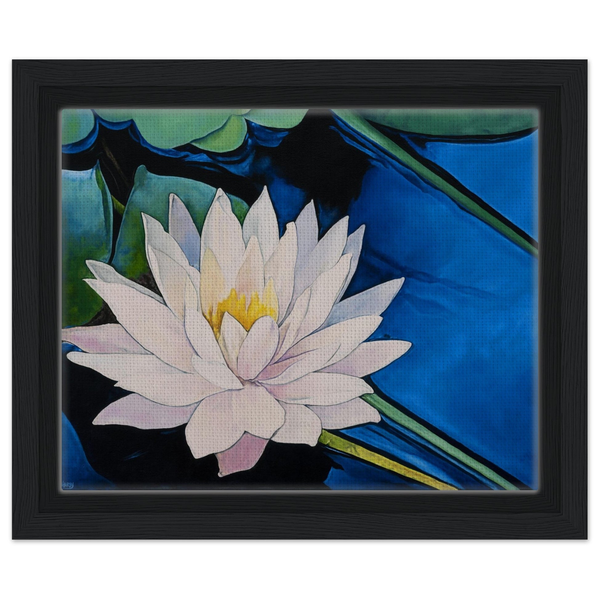 Framed artwork of a white water lily with a blue background