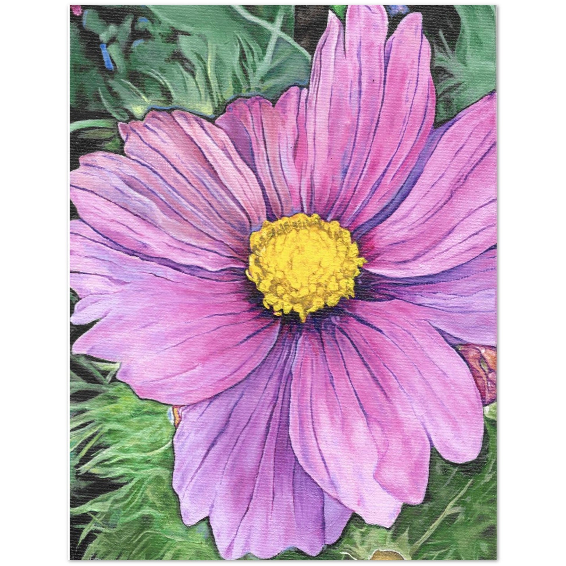 Illustration of a pink flower with a yellow center on a green background