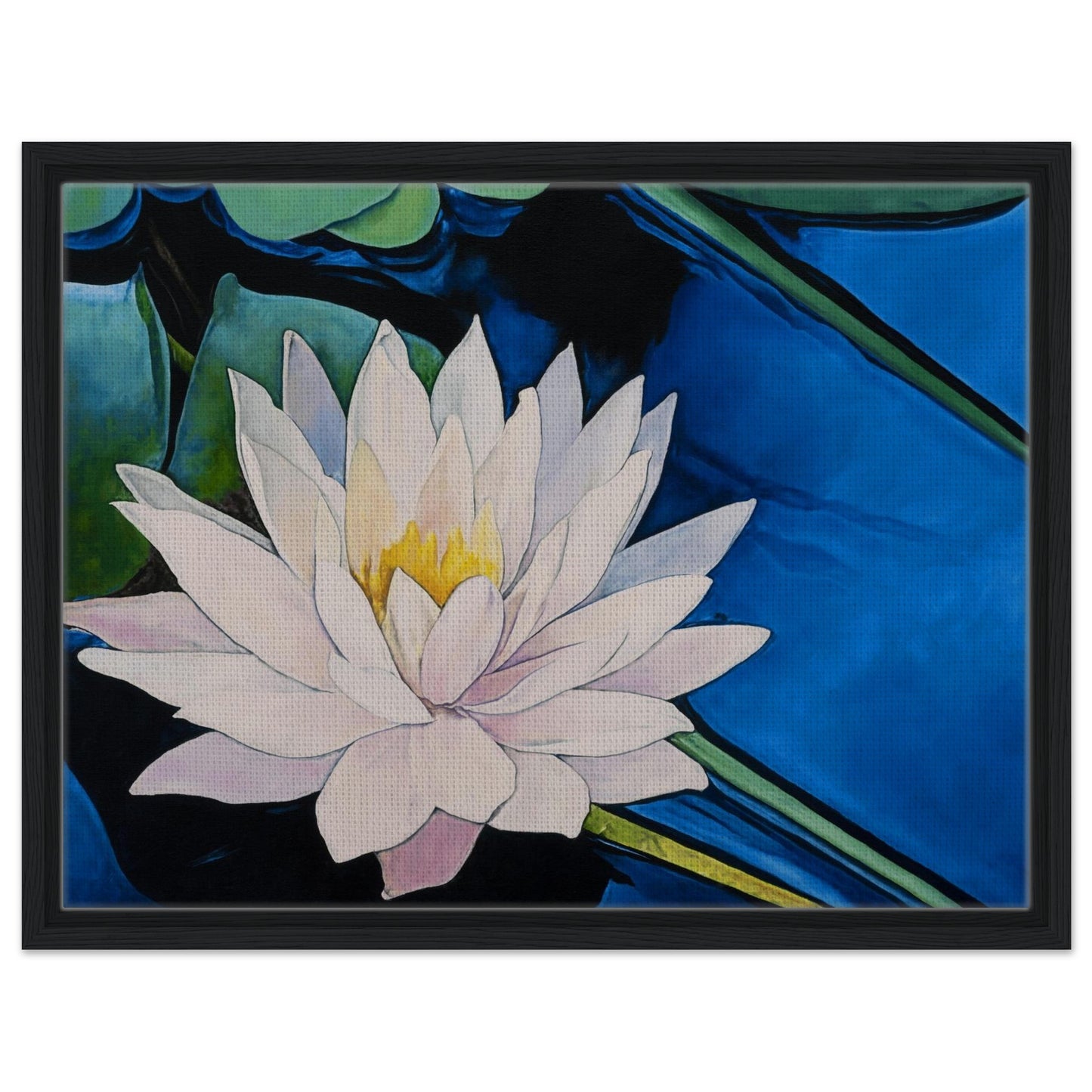 Framed artwork of a water lily with a blue background