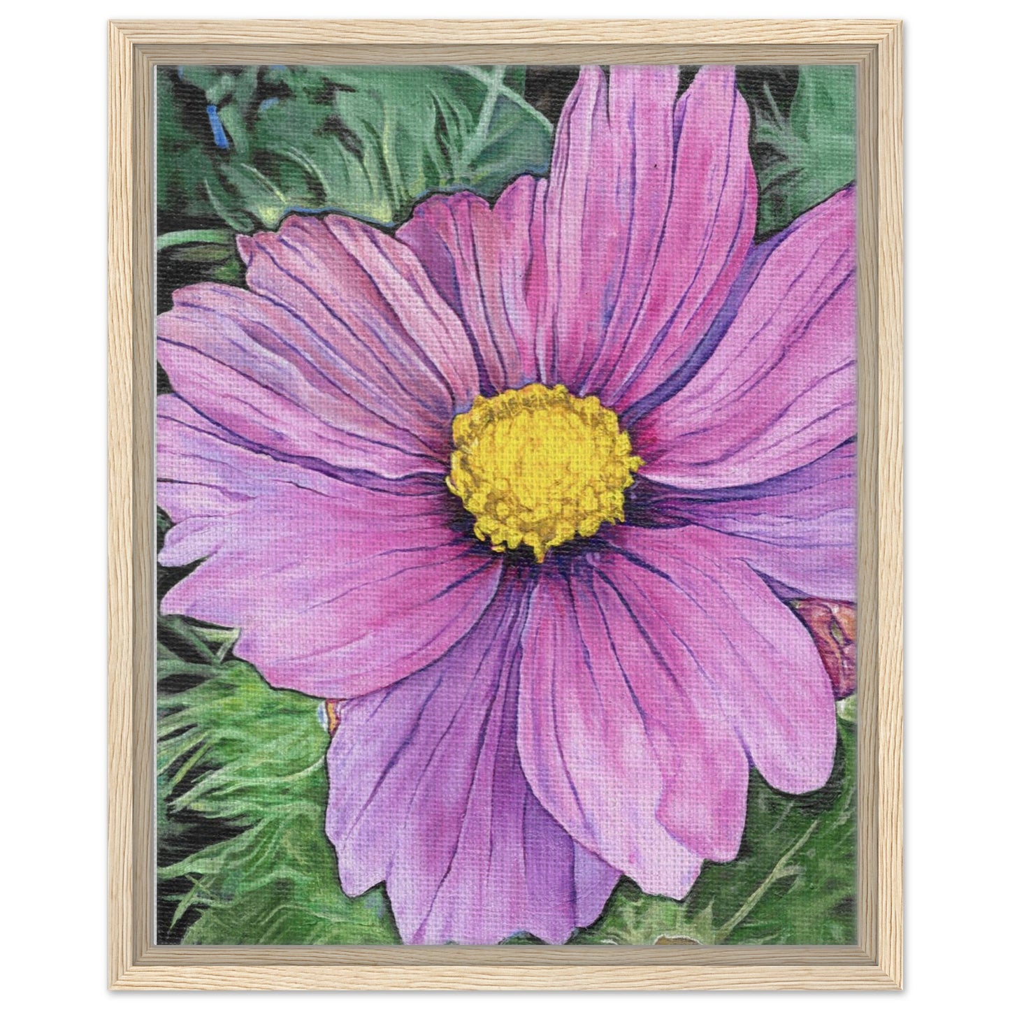 Framed artwork of a pink flower with a yellow center on a green leaf background