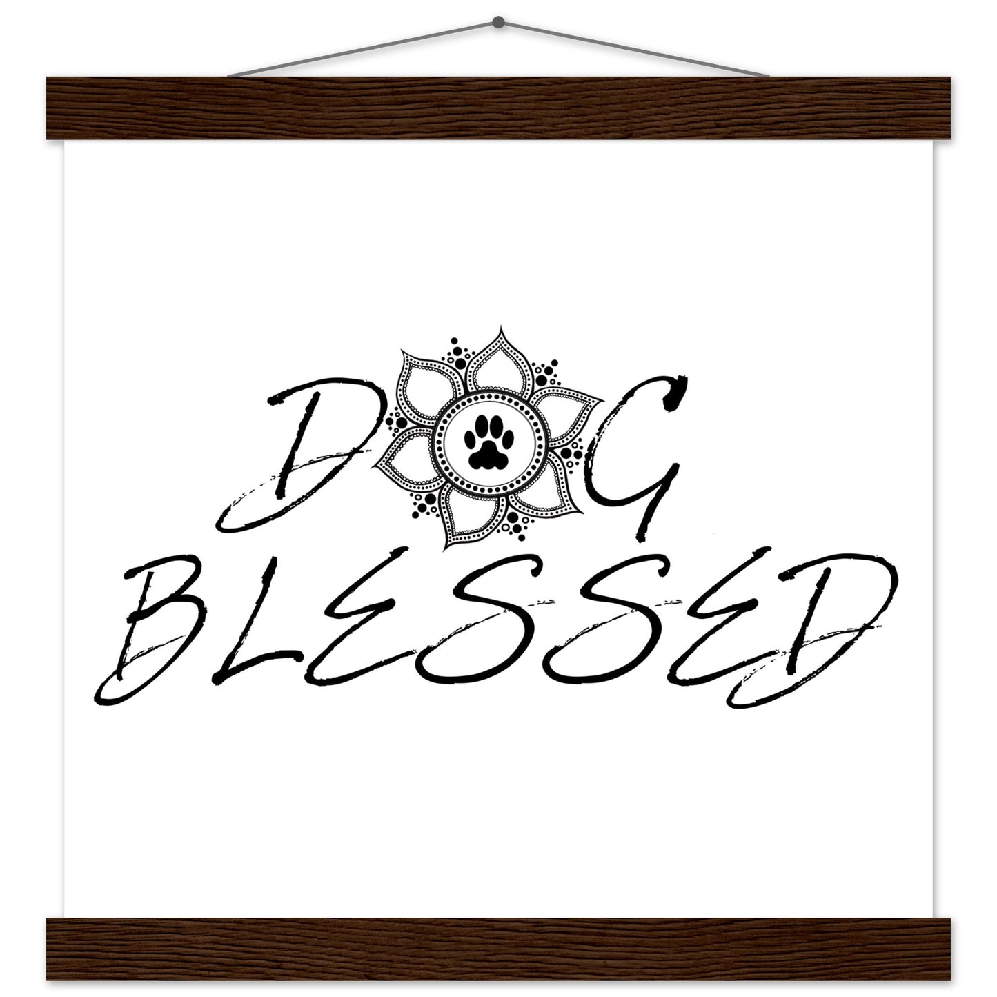 “Black and white ‘Dog Blessed’ typography design with a paw print centered inside a decorative mandala, displayed as a hanging wall sign with a Brown frame