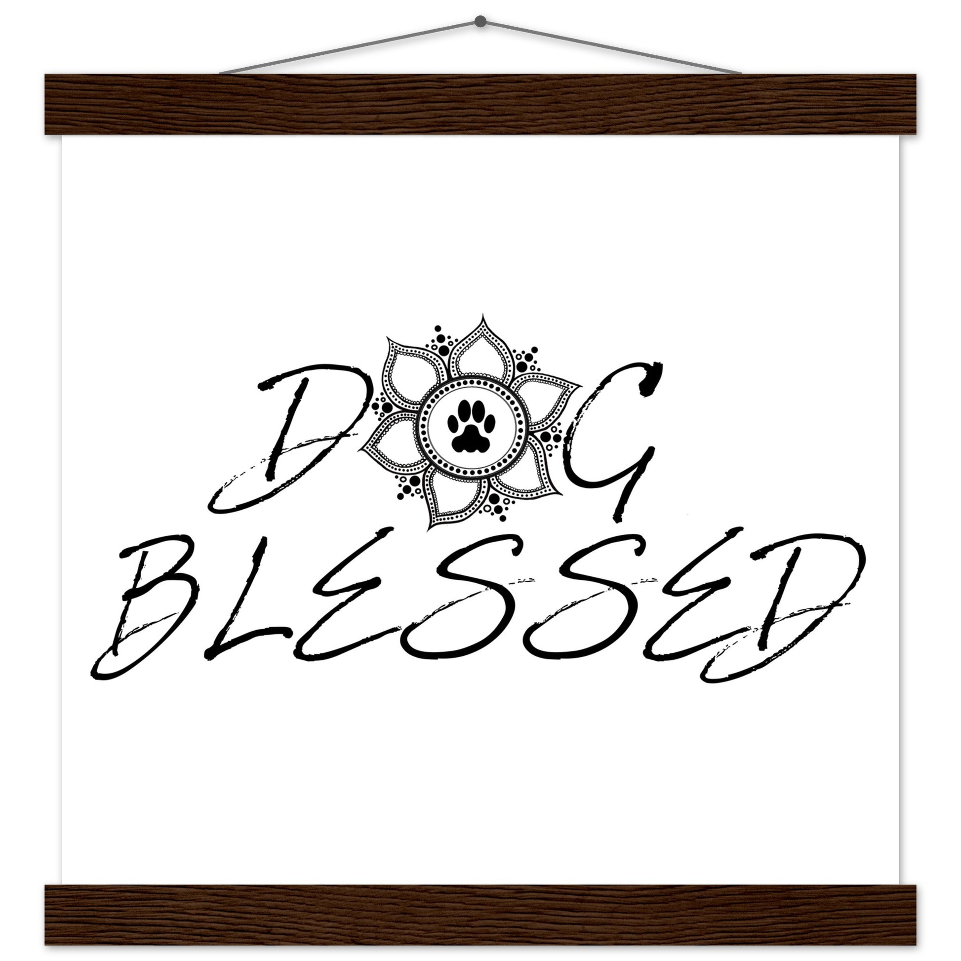 “Black and white ‘Dog Blessed’ typography design with a paw print centered inside a decorative mandala, displayed as a hanging wall sign with a Brown frame