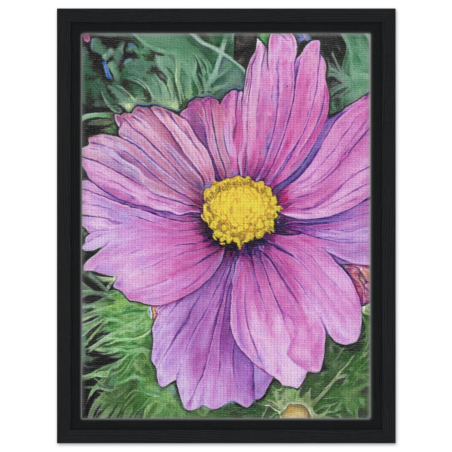 Framed artwork of a pink flower with a yellow center on a green background