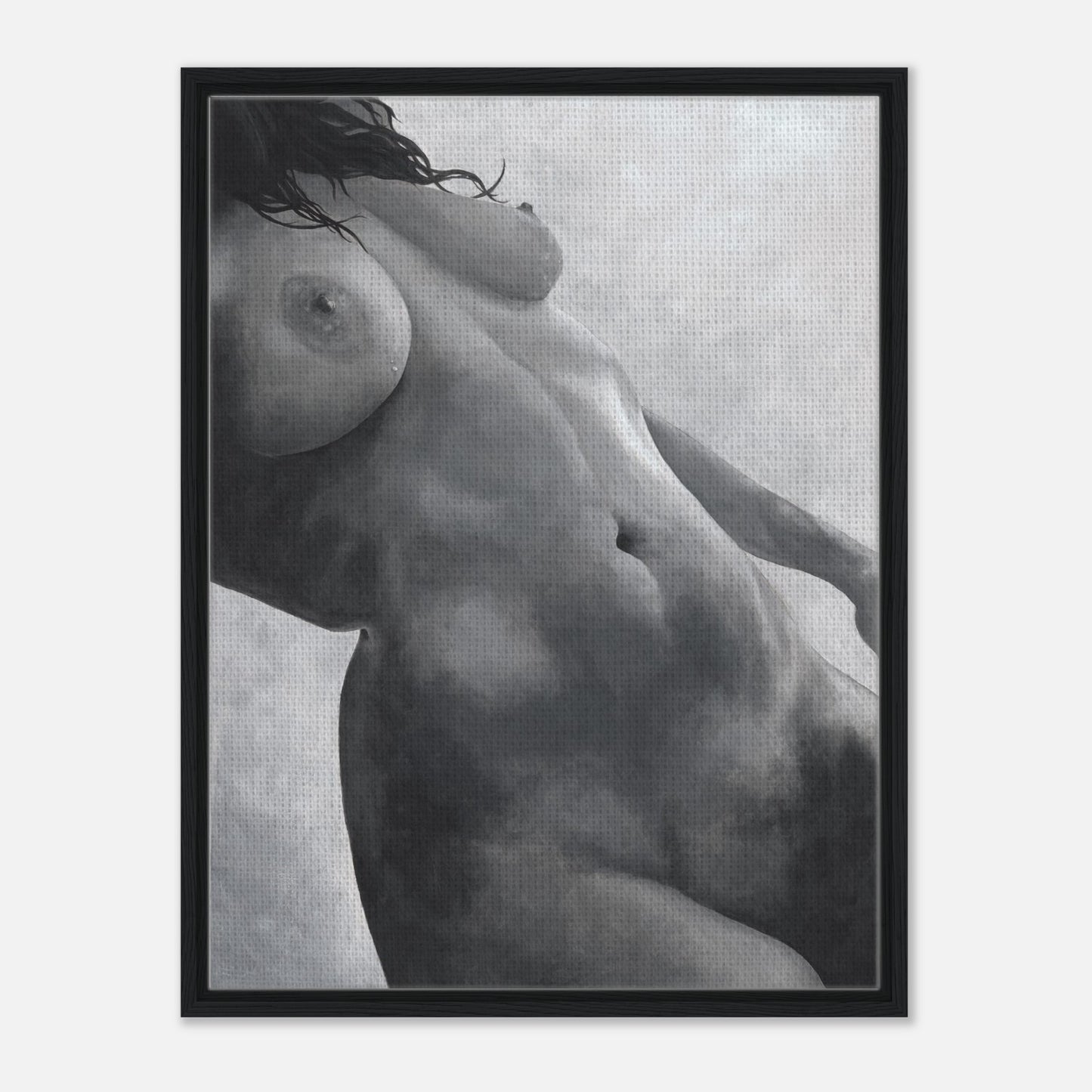 Framed black and white art print of a nude figure on a textured gray background