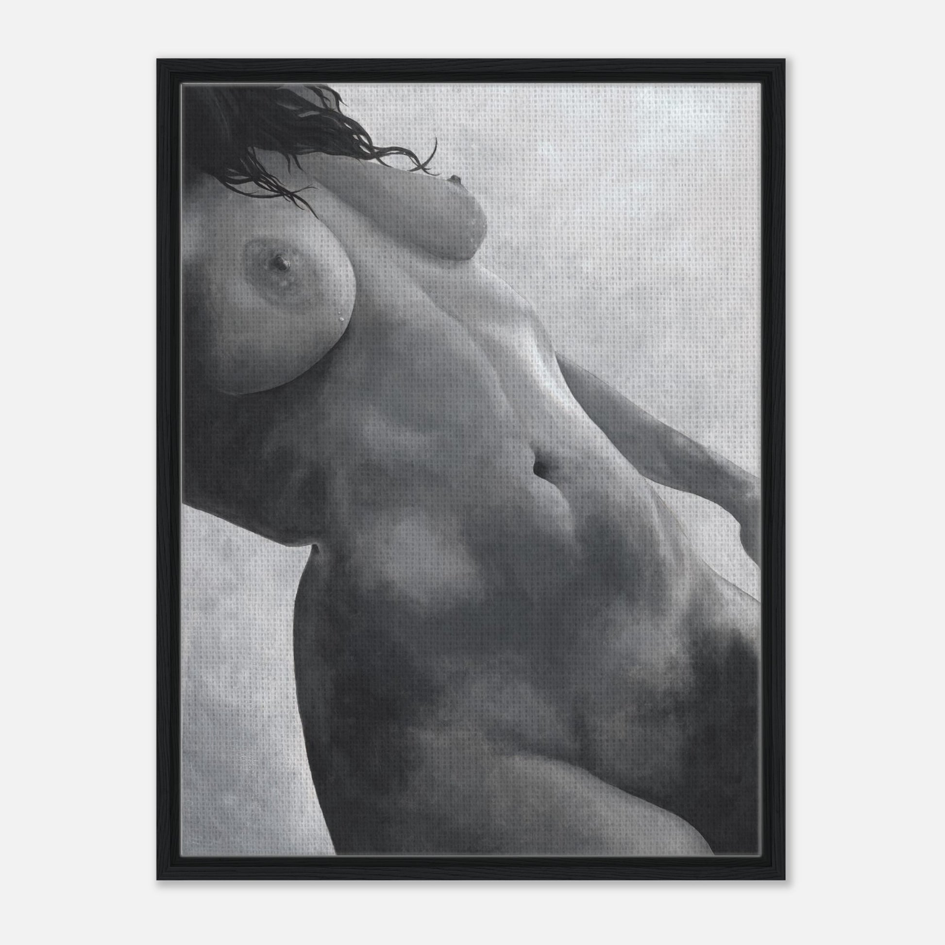 Framed black and white art print of a nude figure on a textured gray background