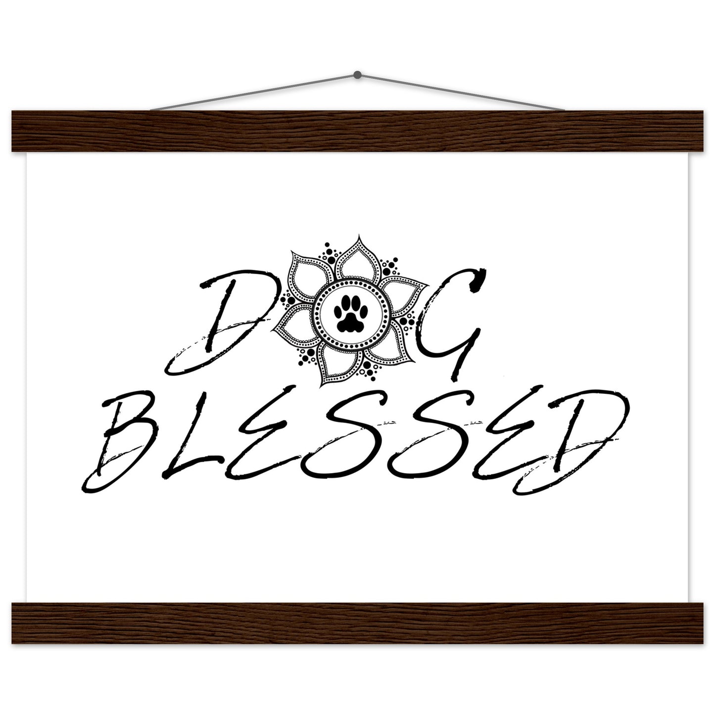 “Black and white ‘Dog Blessed’ typography design with a paw print centered inside a decorative mandala, displayed as a hanging wall sign with a brown frame