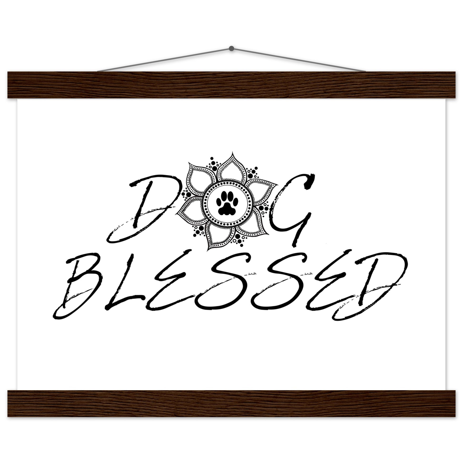 “Black and white ‘Dog Blessed’ typography design with a paw print centered inside a decorative mandala, displayed as a hanging wall sign with a brown frame