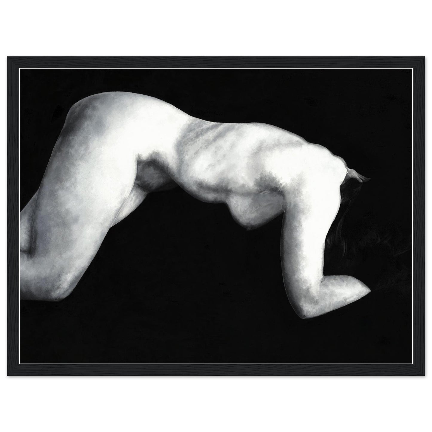 A black and white artwork of a reclining nude female figure framed with a black wooden frame. 