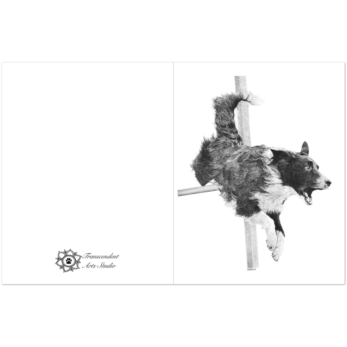 Black and white drawing of a dog leaping over a hurdle with 'Transcendent Art Studio' logo.