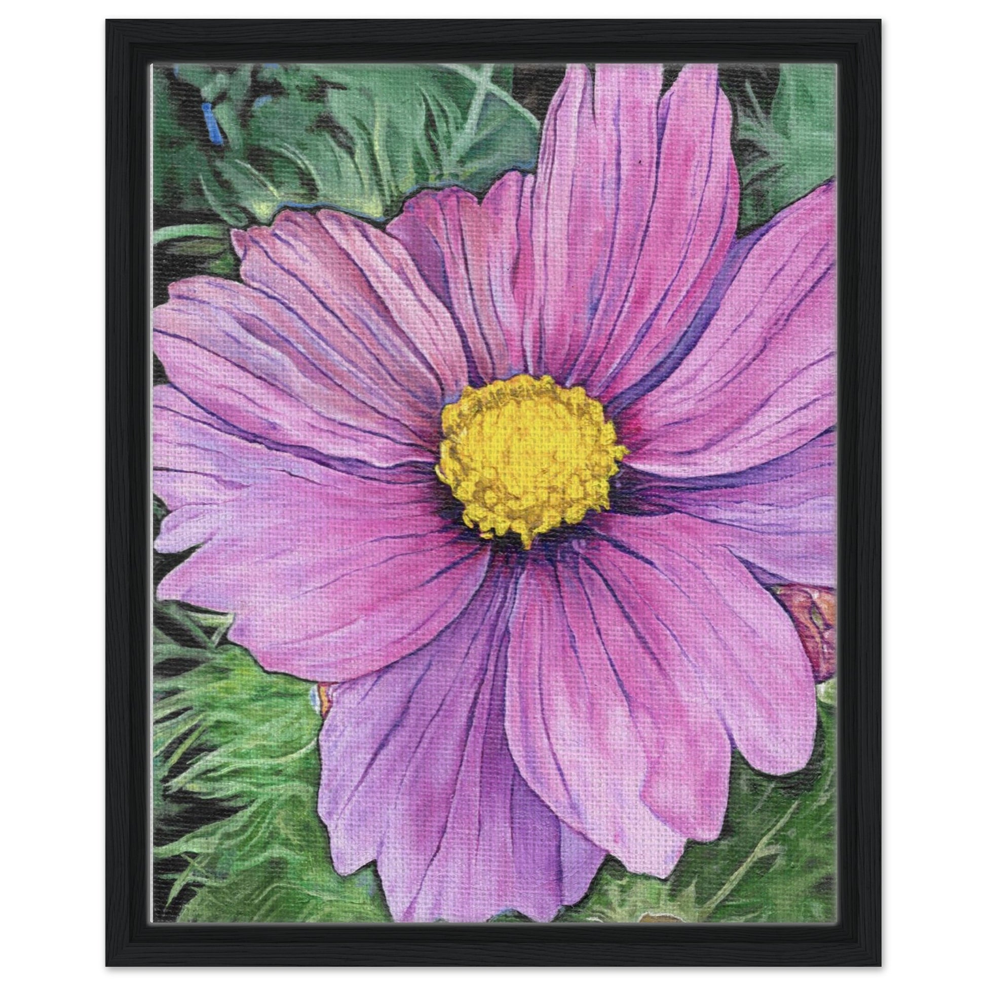 Framed artwork of a pink flower with a yellow center on a green background