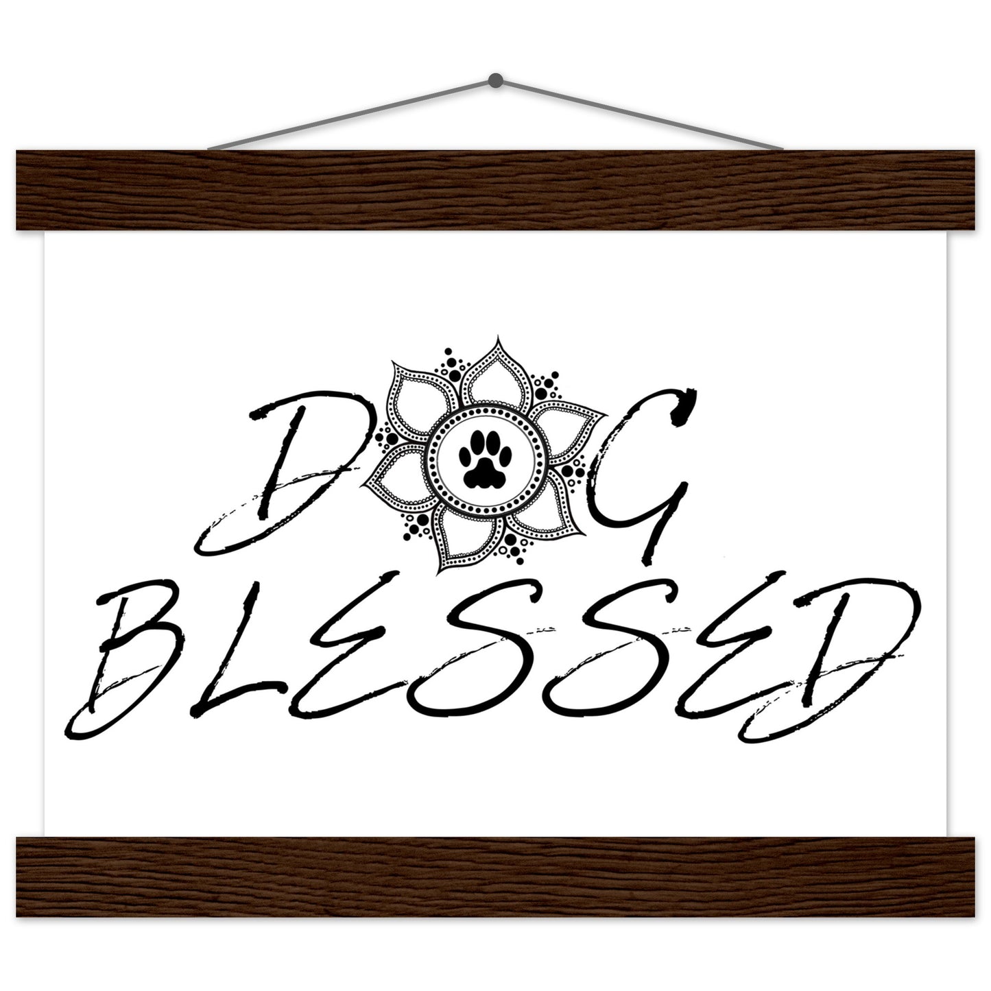 “Black and white ‘Dog Blessed’ typography design with a paw print centered inside a decorative mandala, displayed as a hanging wall sign with a brown frame