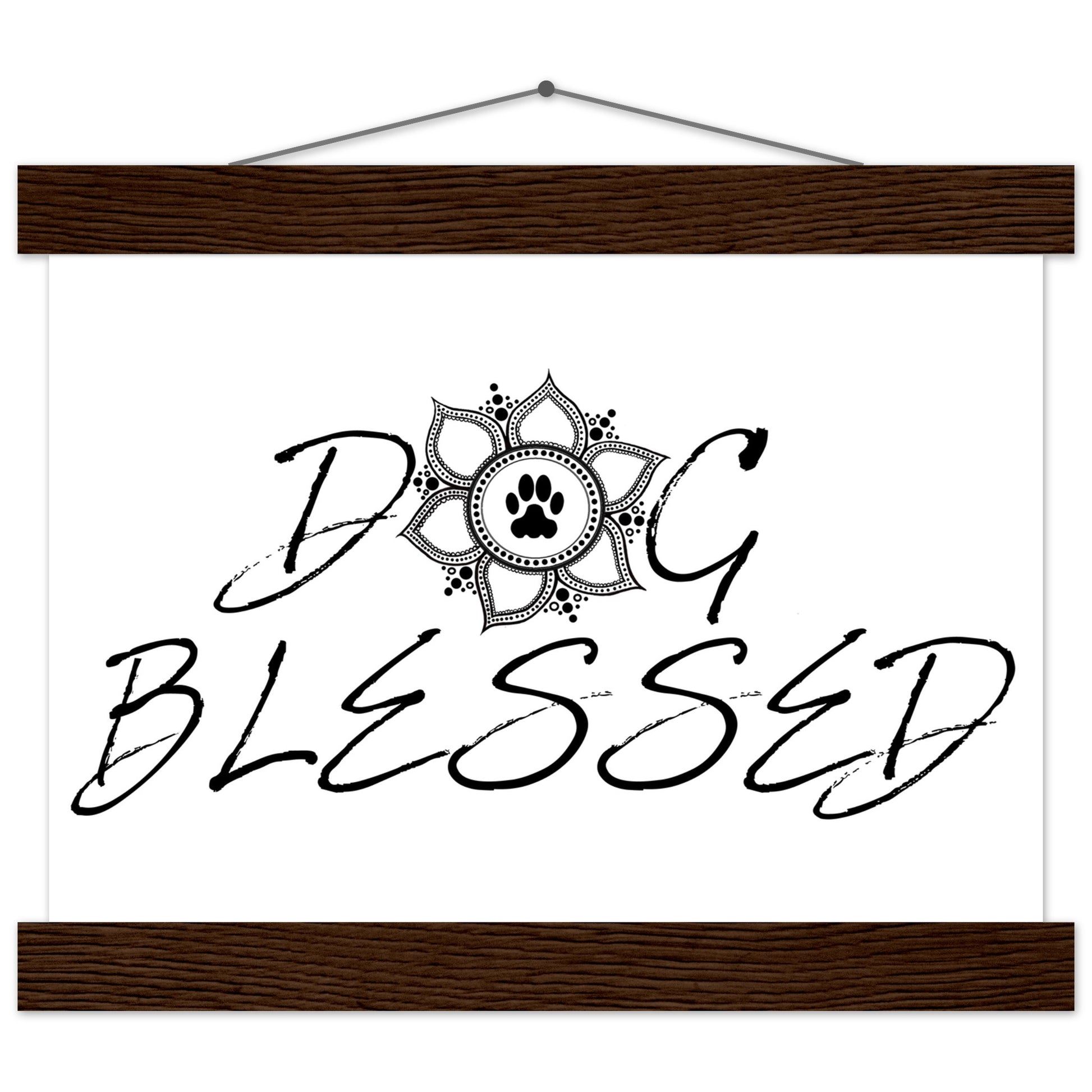 “Black and white ‘Dog Blessed’ typography design with a paw print centered inside a decorative mandala, displayed as a hanging wall sign with a brown frame