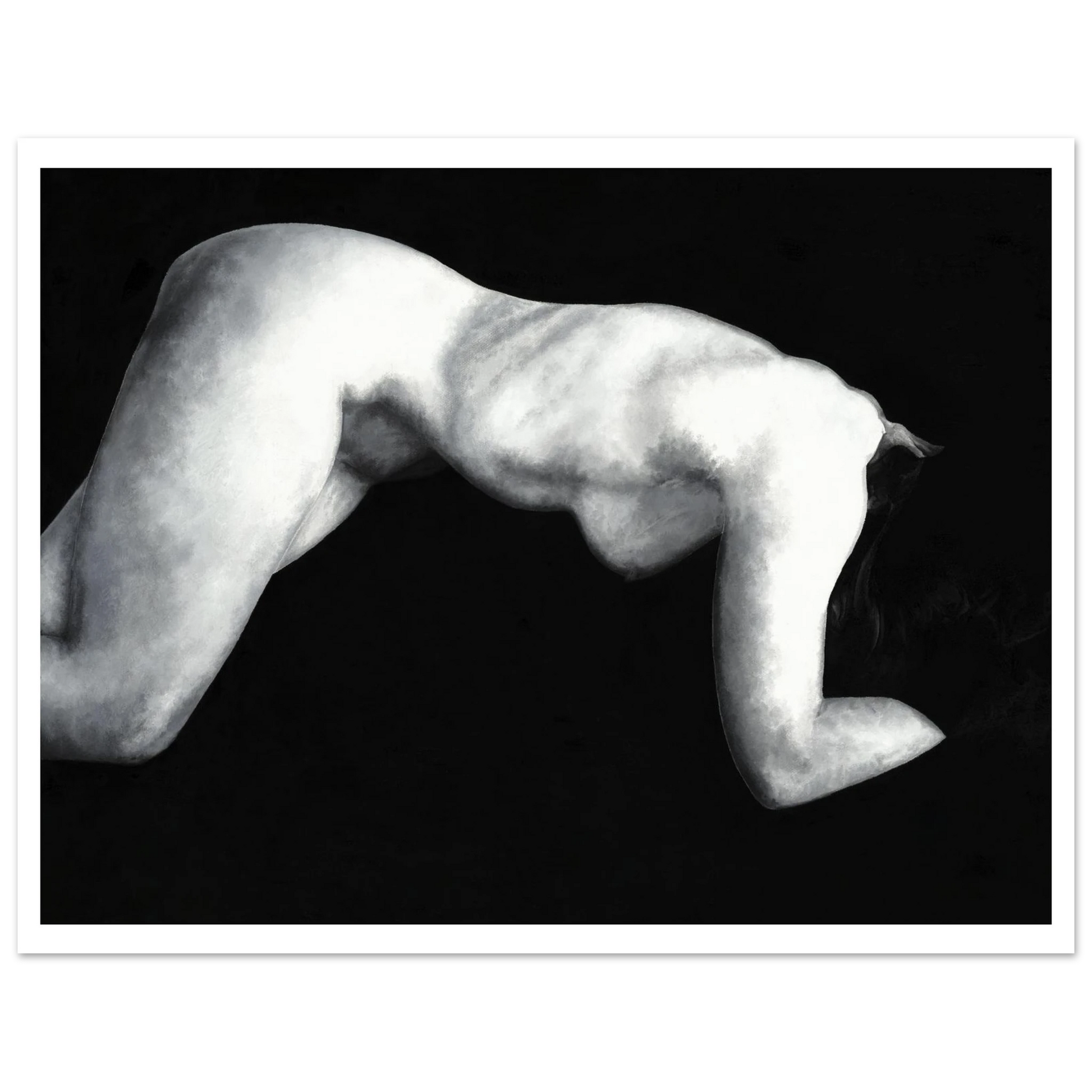 Black and white print of a reclining nude woman's figure on a pure black background