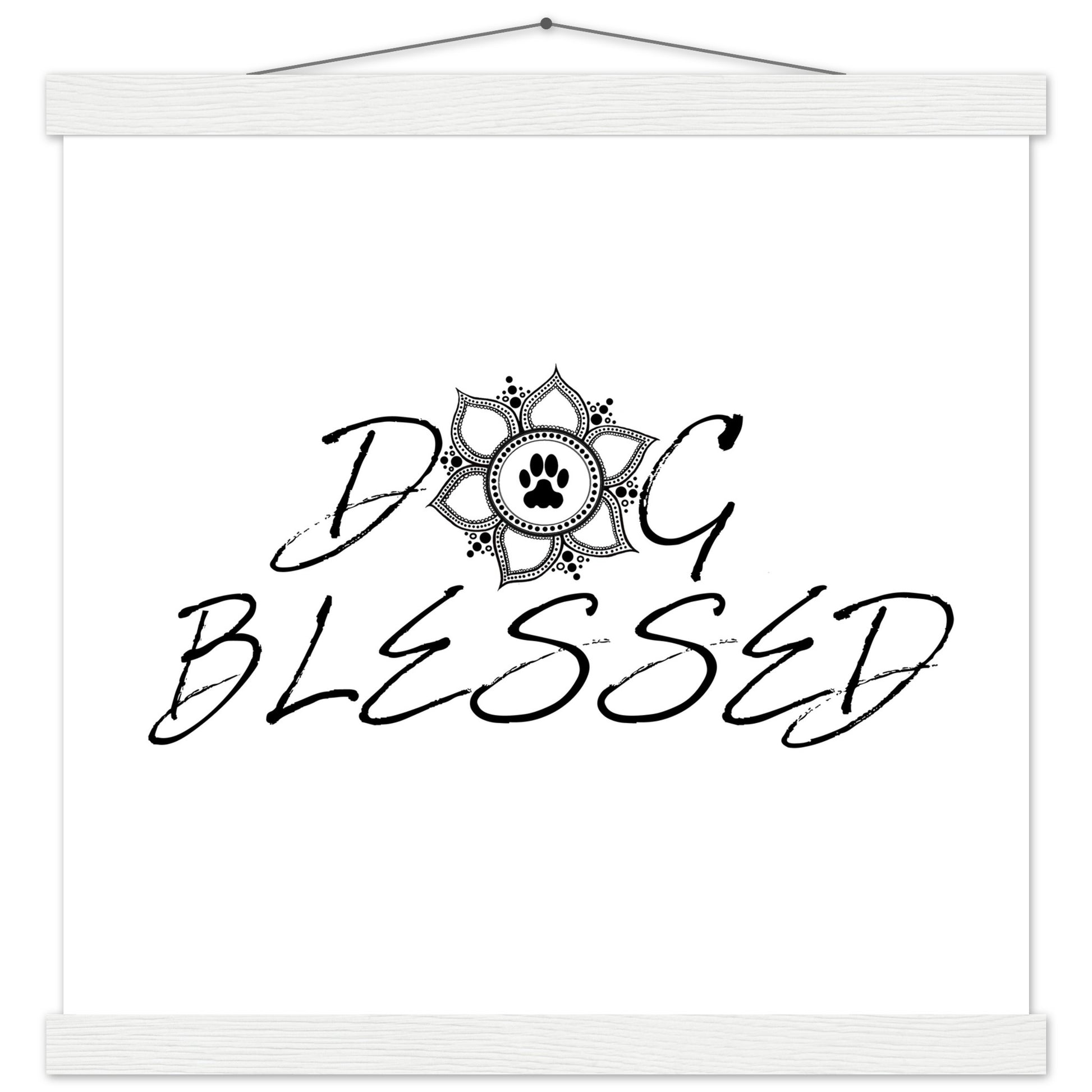 “Black and white ‘Dog Blessed’ typography design with a paw print centered inside a decorative mandala, displayed as a hanging wall sign with a white frame