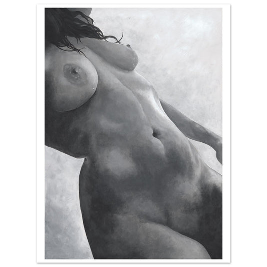 Black and white artistic depiction of a nude figure on a textured background
