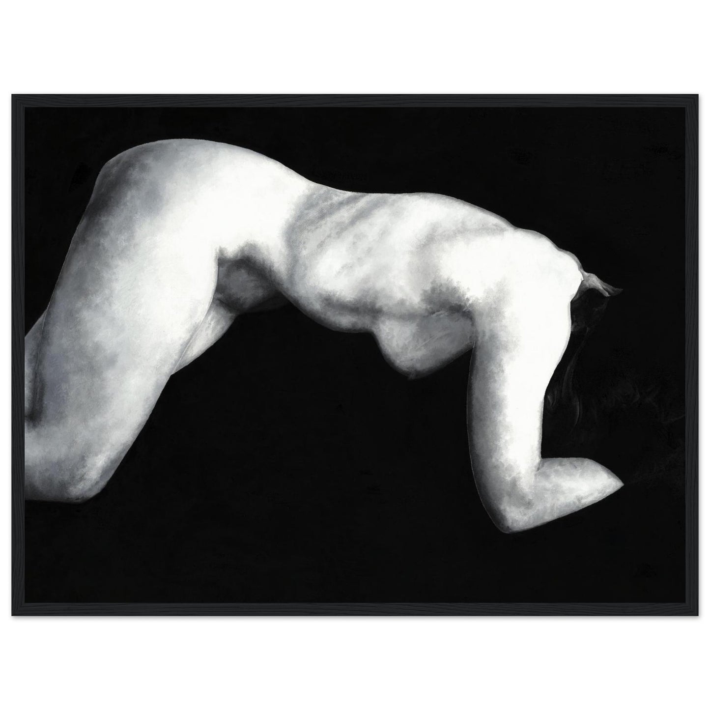A black and white artwork of a reclining nude female figure framed with a black wooden frame. 