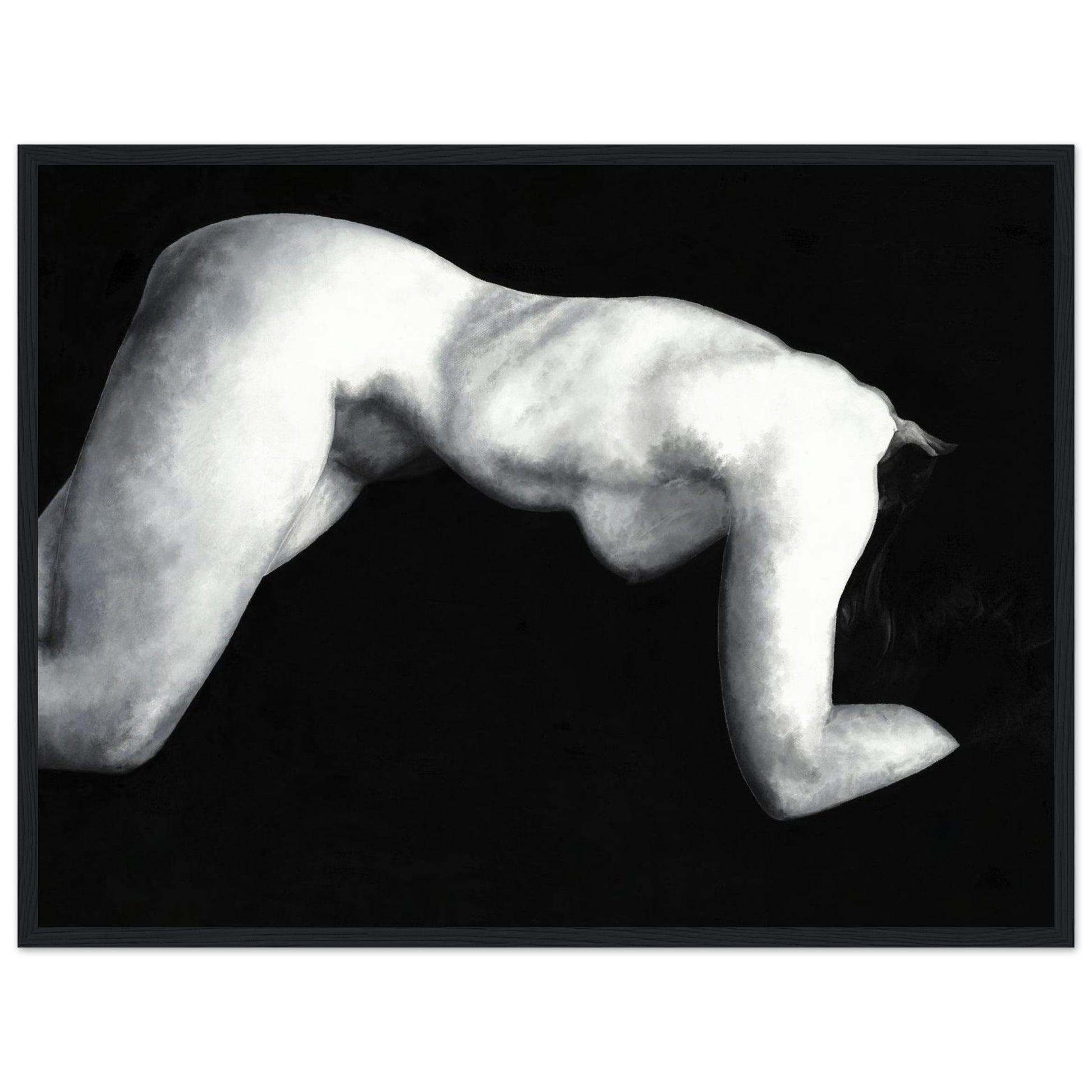 A black and white artwork of a reclining nude female figure framed with a black wooden frame. 