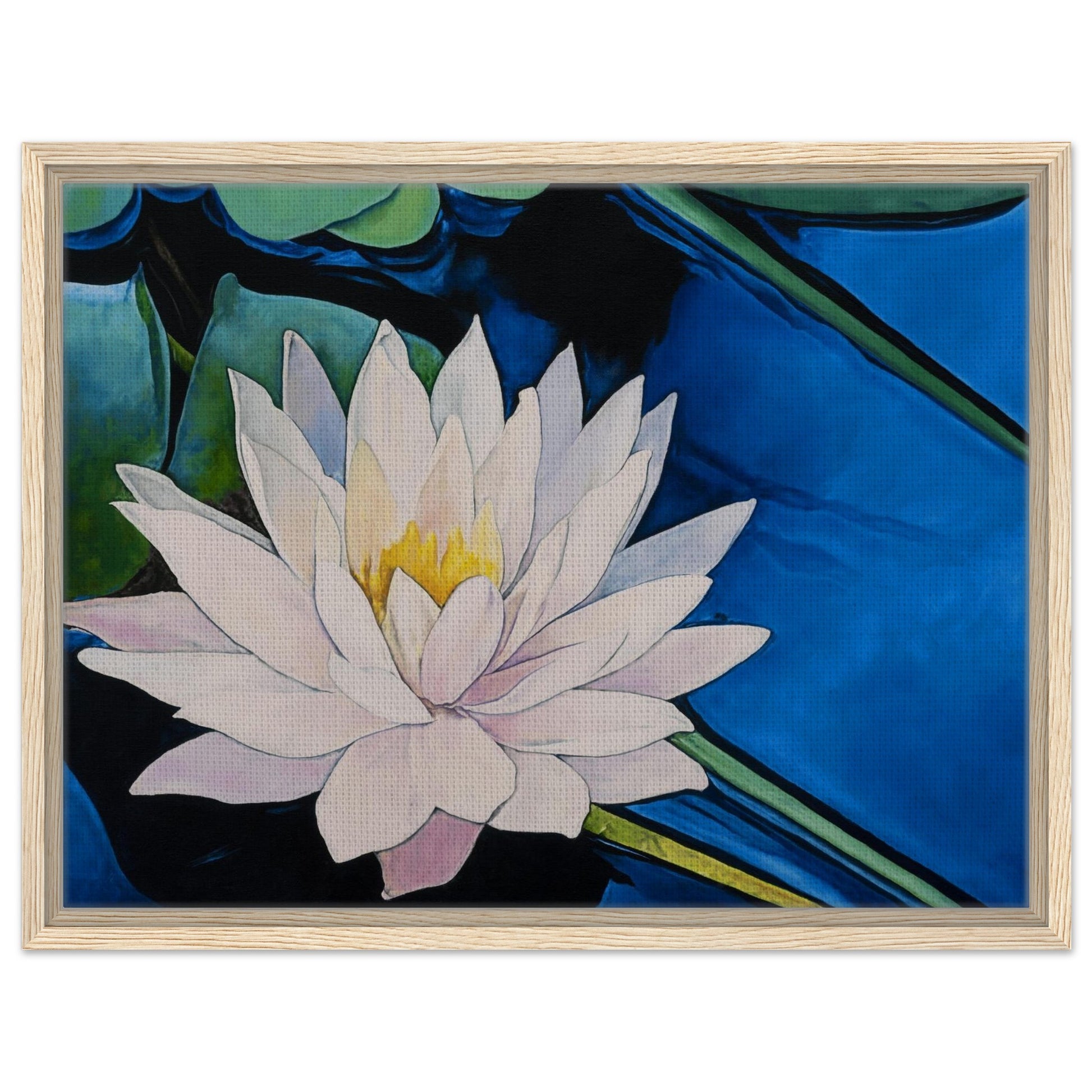 Framed artwork of a water lily with a blue background