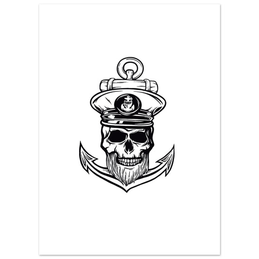 Black and white illustration of a skull with a captain's hat and beard, holding an anchor on a white background.