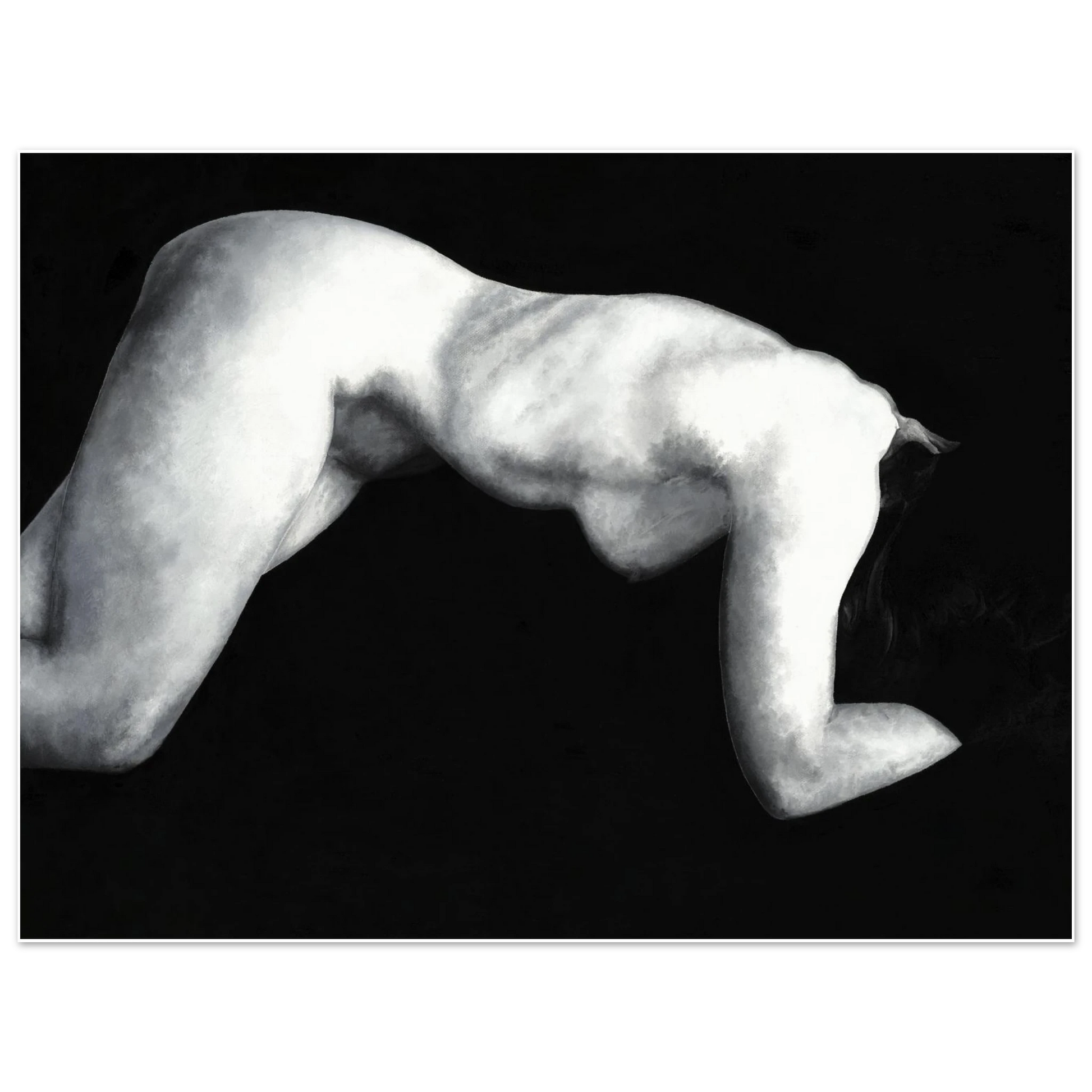 Black and white print of a reclining nude woman's figure on a pure black background