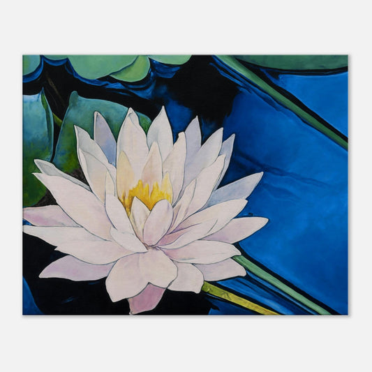 Painting of a water lily with a blue background