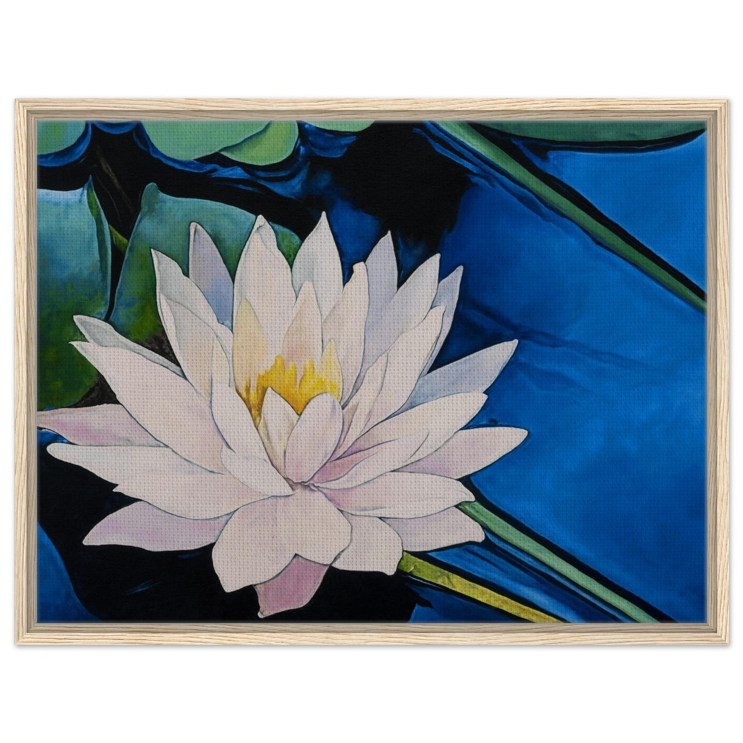 Framed artwork of a water lily with a blue background