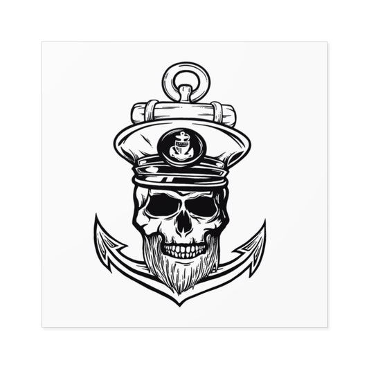 Black and white illustration of a skull with a captain's hat, a beard, with an anchor behind it on a square white vinyl sticker 