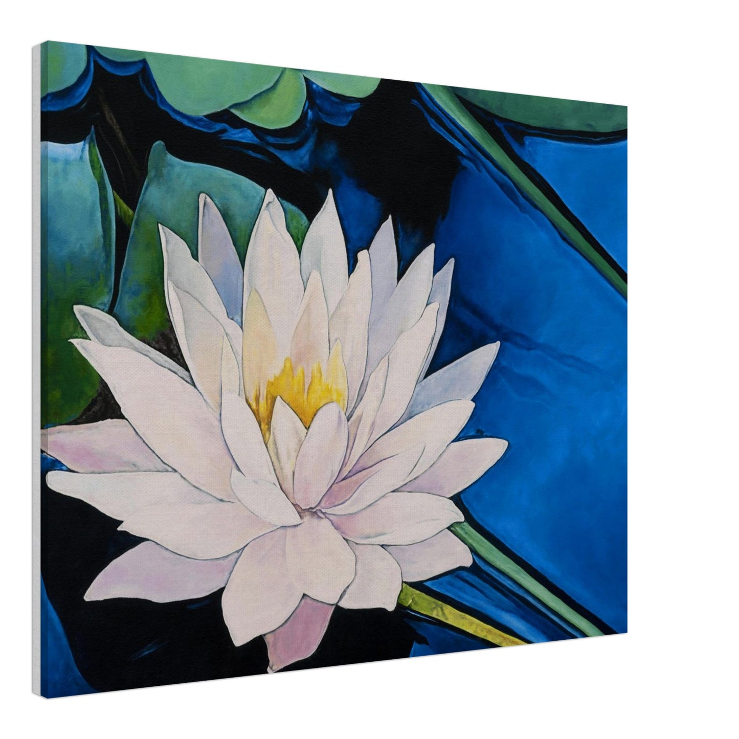 Painting of a water lily with a blue background