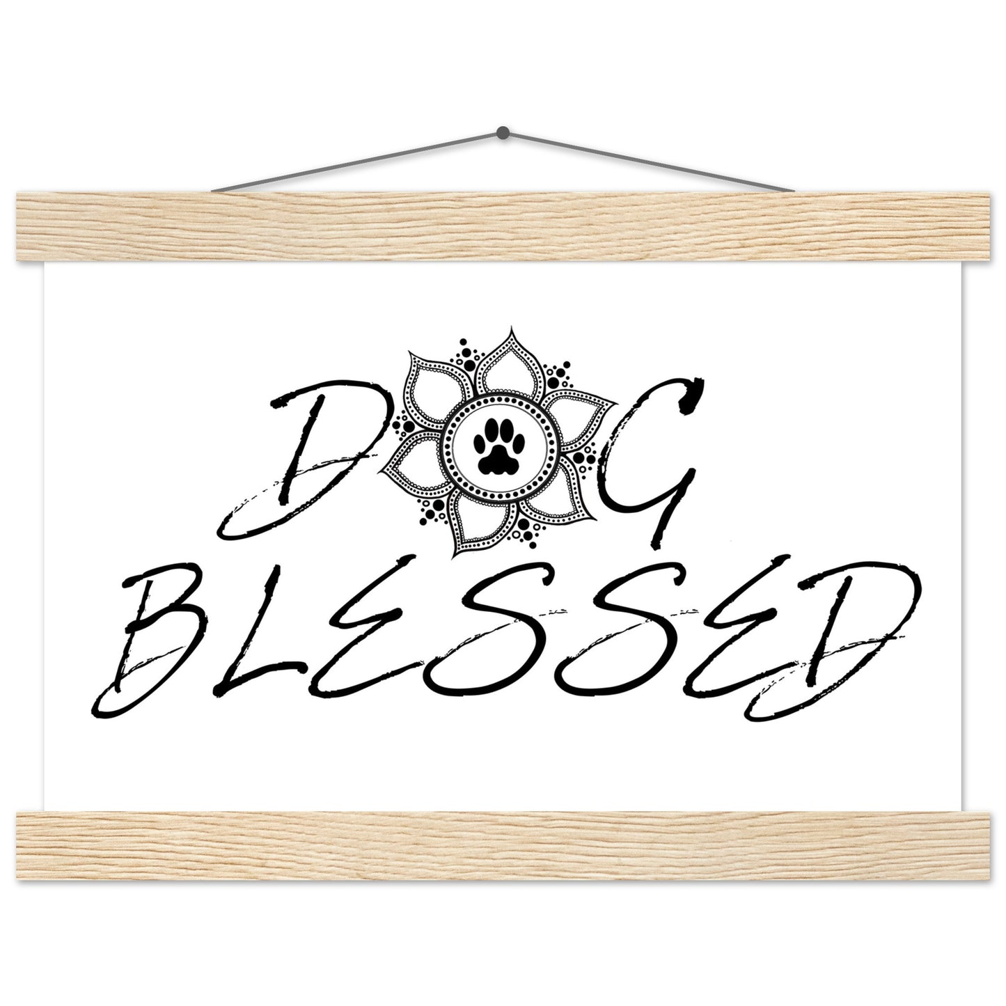 “Black and white ‘Dog Blessed’ typography design with a paw print centered inside a decorative mandala, displayed as a hanging wall sign with a natural wood frame