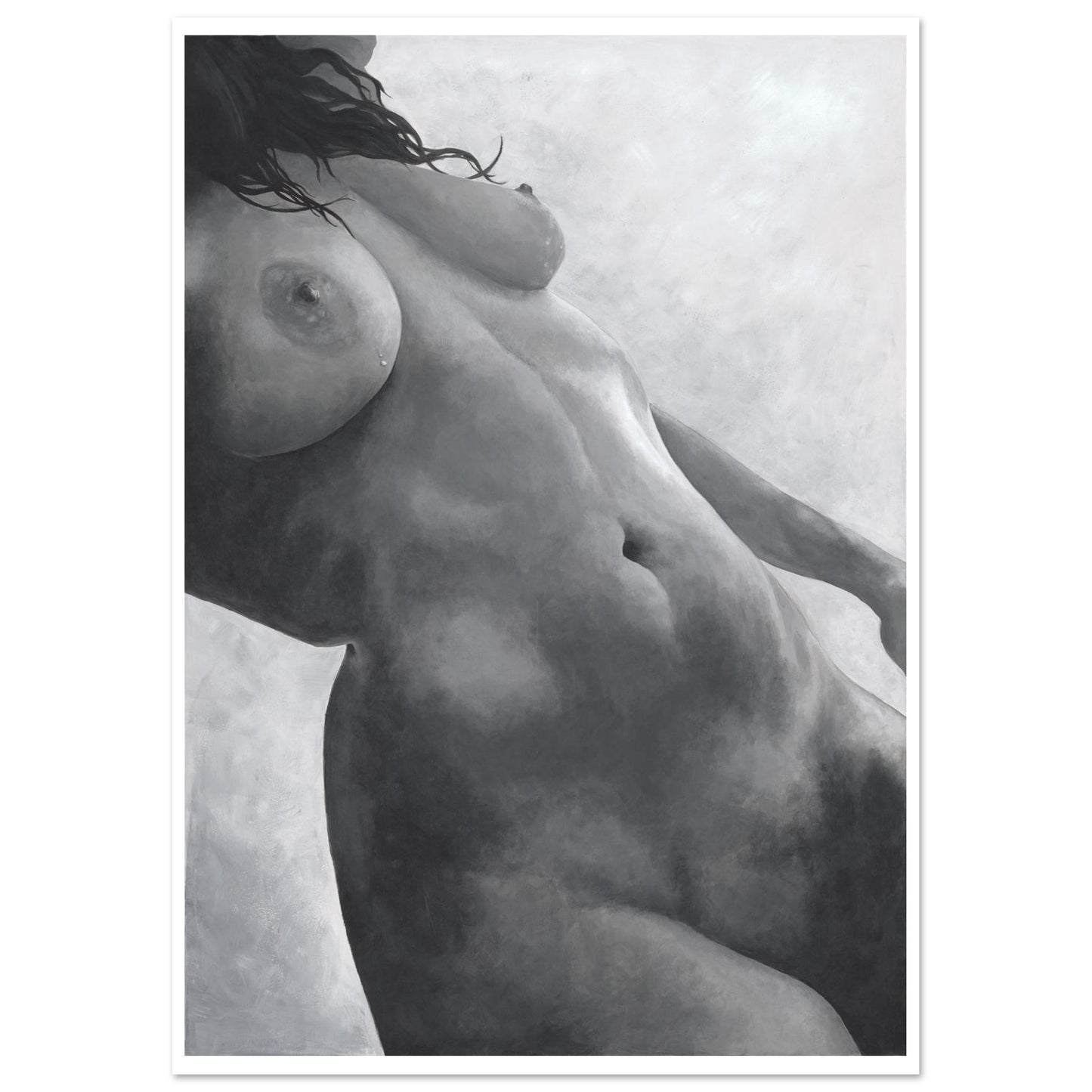 Black and white artistic depiction of a nude figure on a textured background