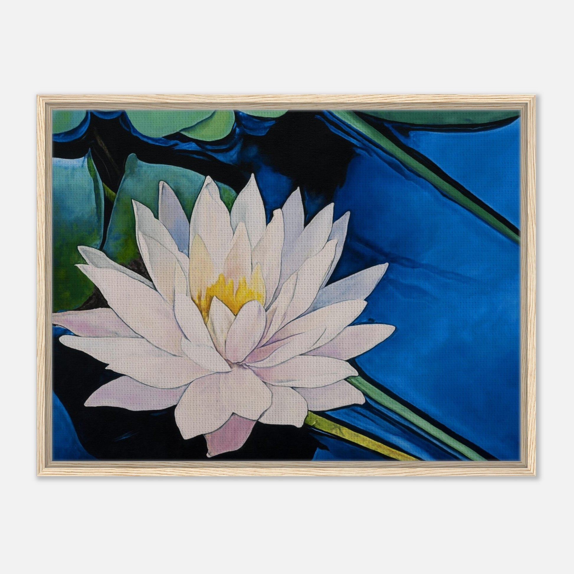Framed artwork of a water lily with a blue background