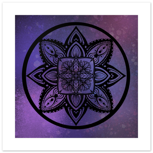 Black mandala design on a purple gradient background